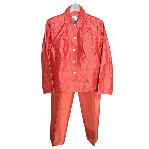 Rafael Petite Silk Embroidered Jacket Blouse Peck & Peck Silk Pants Set Coral 14 - Picture 1 of 13